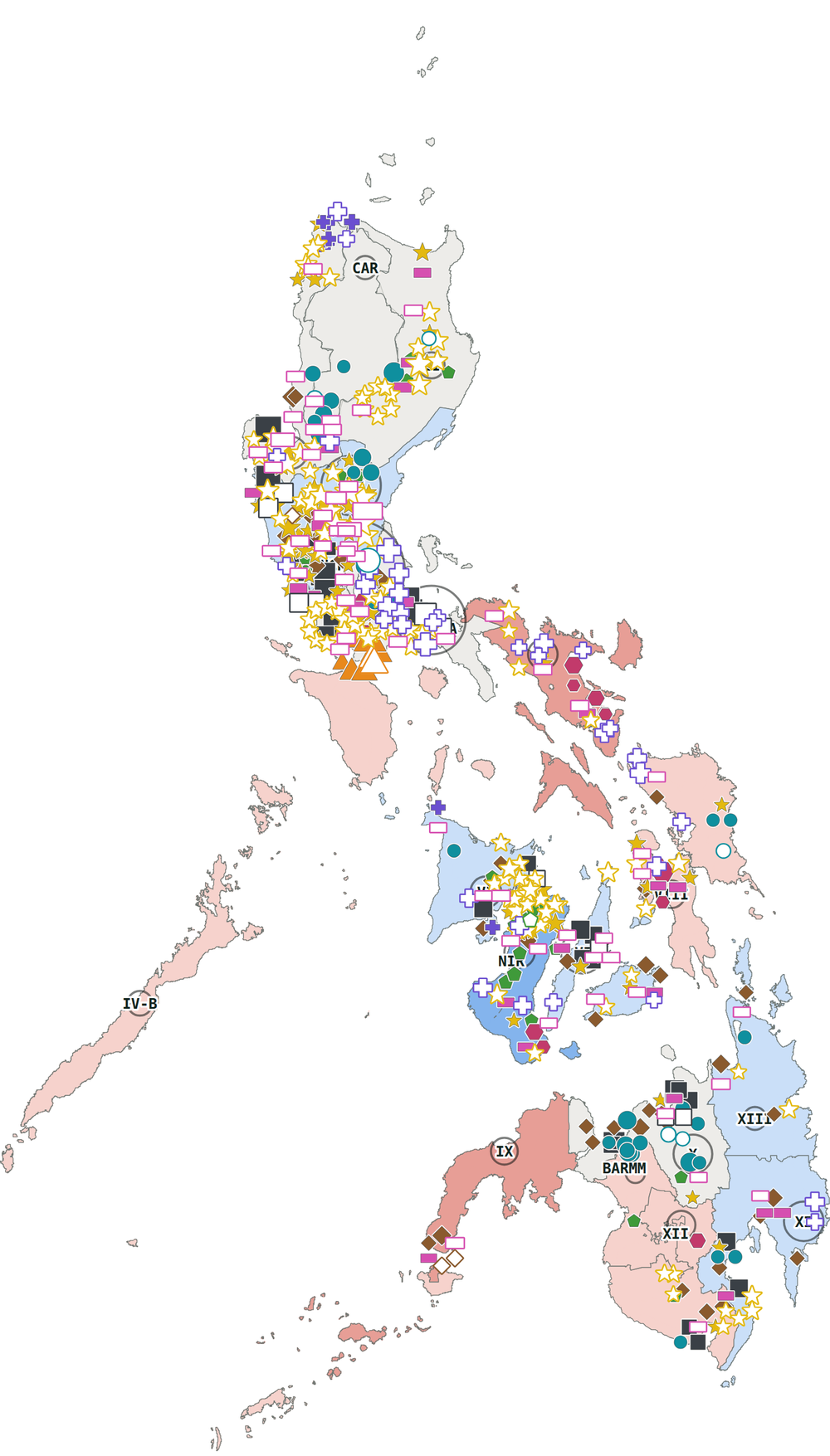 Map of the Philippines shaded by regional growth, with power plants and projects marked